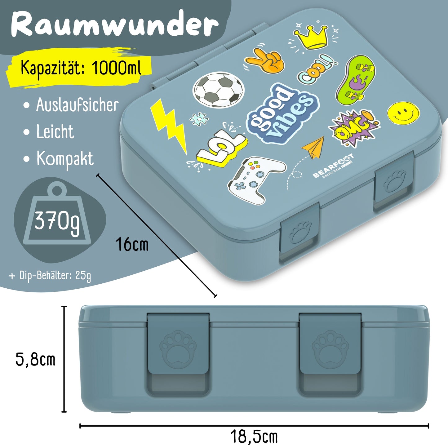 Brotdose mit Fächern, leicht & auslaufsicher - Sticker blau