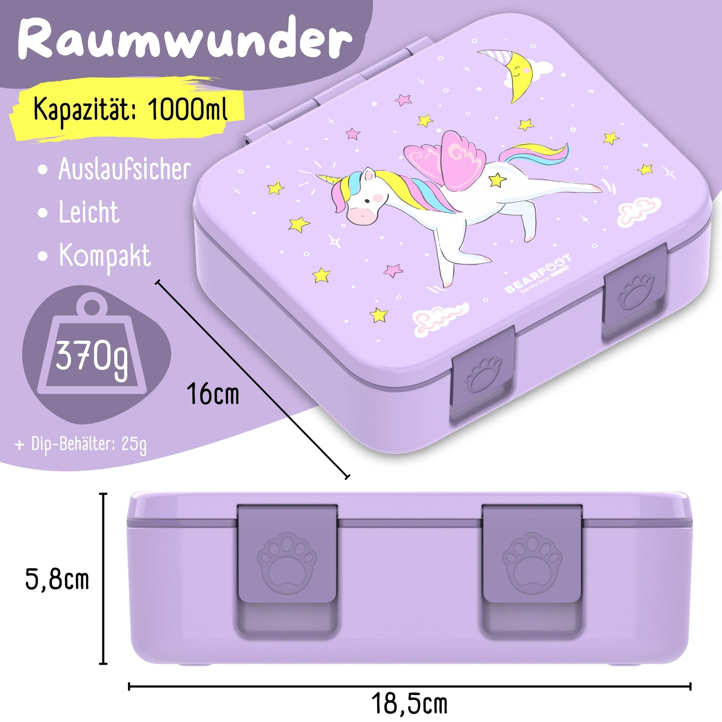 Brotdose mit Fächern, leicht & auslaufsicher - Einhorn lila