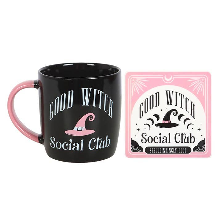 Juego de taza y posavasos del Club Social de las Buenas Brujas