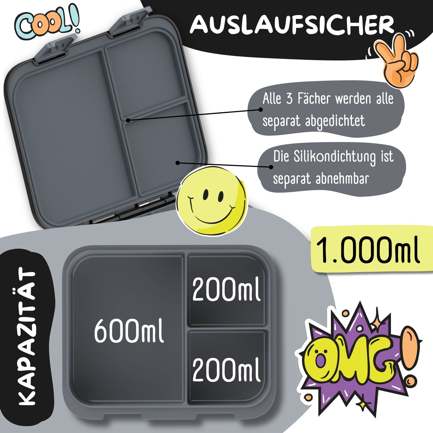 Brotdose mit Fächern, leicht & auslaufsicher - Dinos schwarz