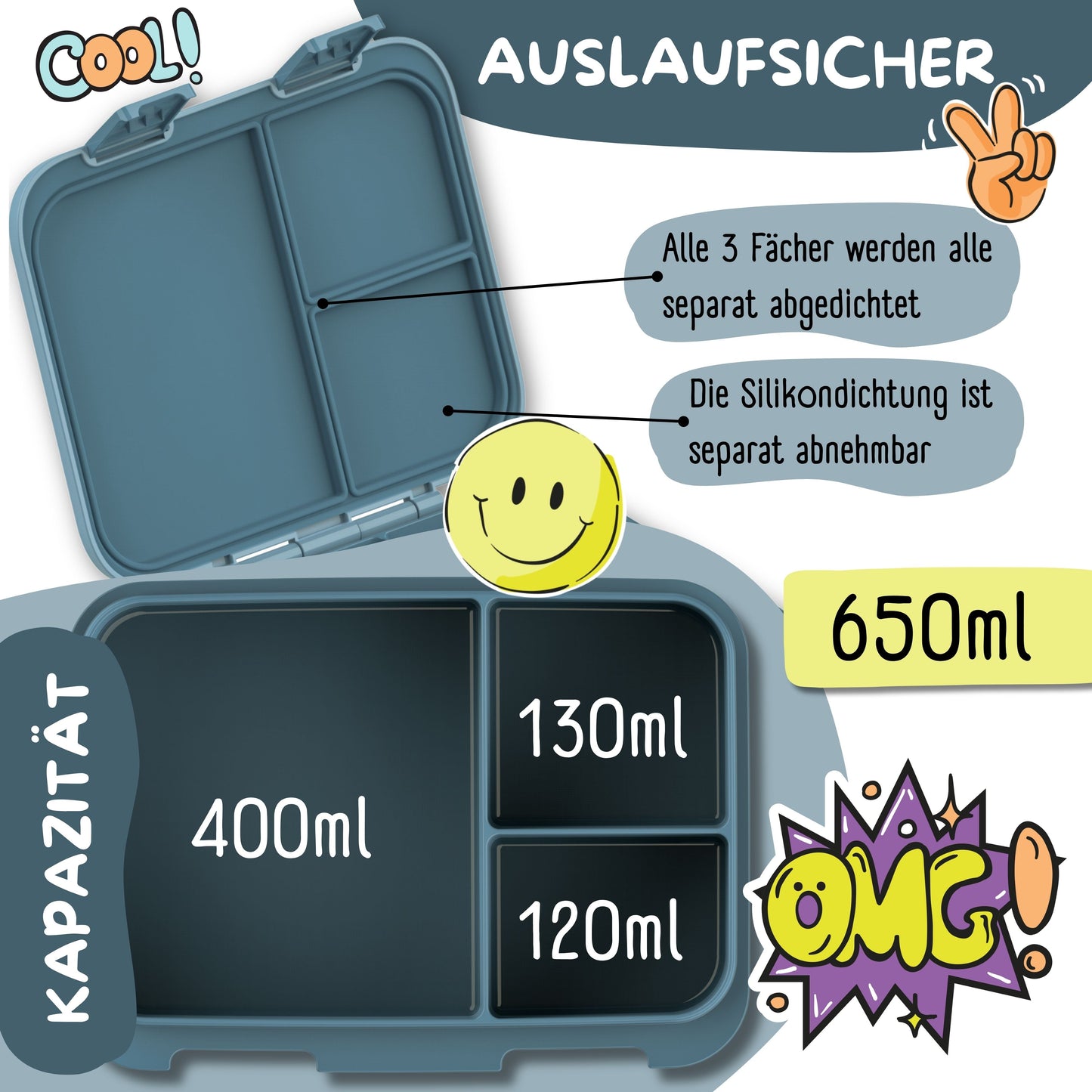 Brotdose mit Fächern, leicht & auslaufsicher - Bär blau