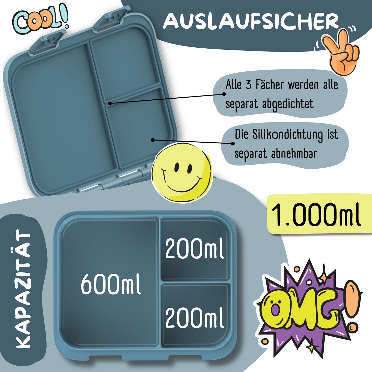Brotdose mit Fächern, leicht & auslaufsicher - Sticker blau