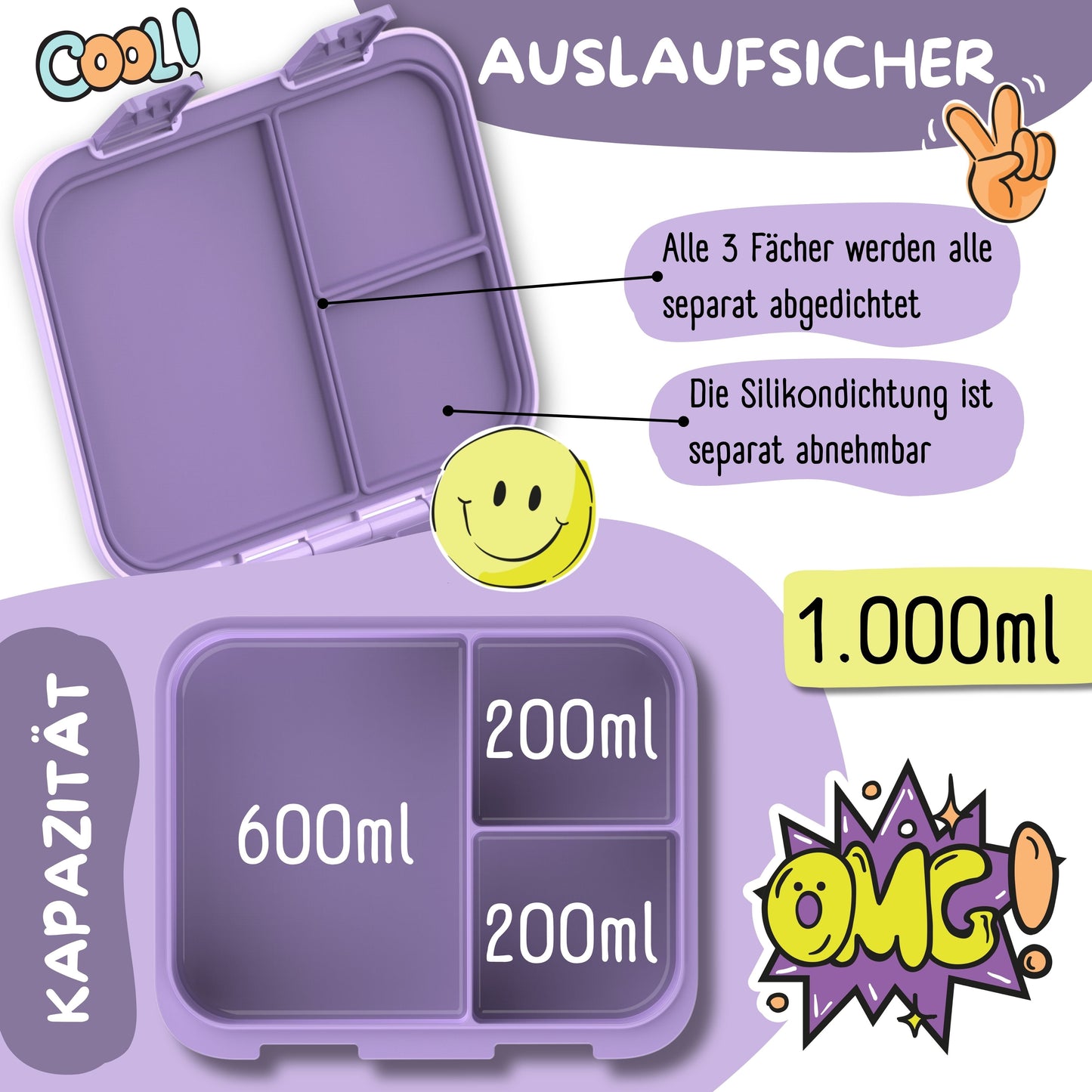 Brotdose mit Fächern, leicht & auslaufsicher - Einhorn lila