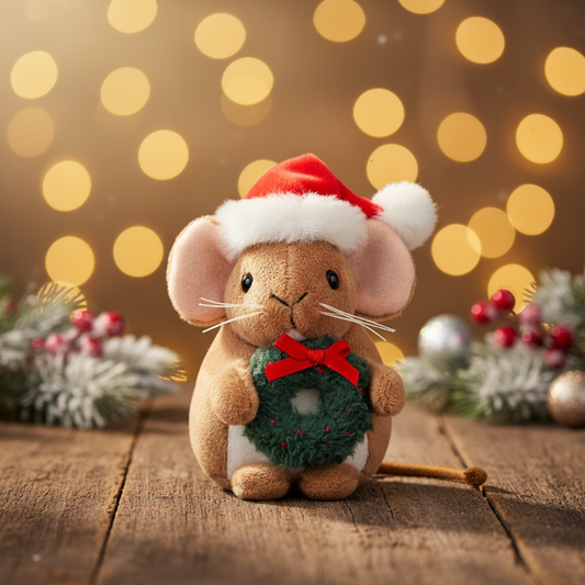 Ratón de peluche navideño con corona