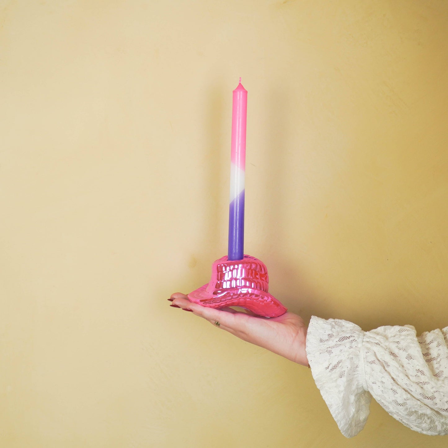 Bougeoir - Chapeau de cowboy - Céramique-Rose - 13,5x11x7 cm