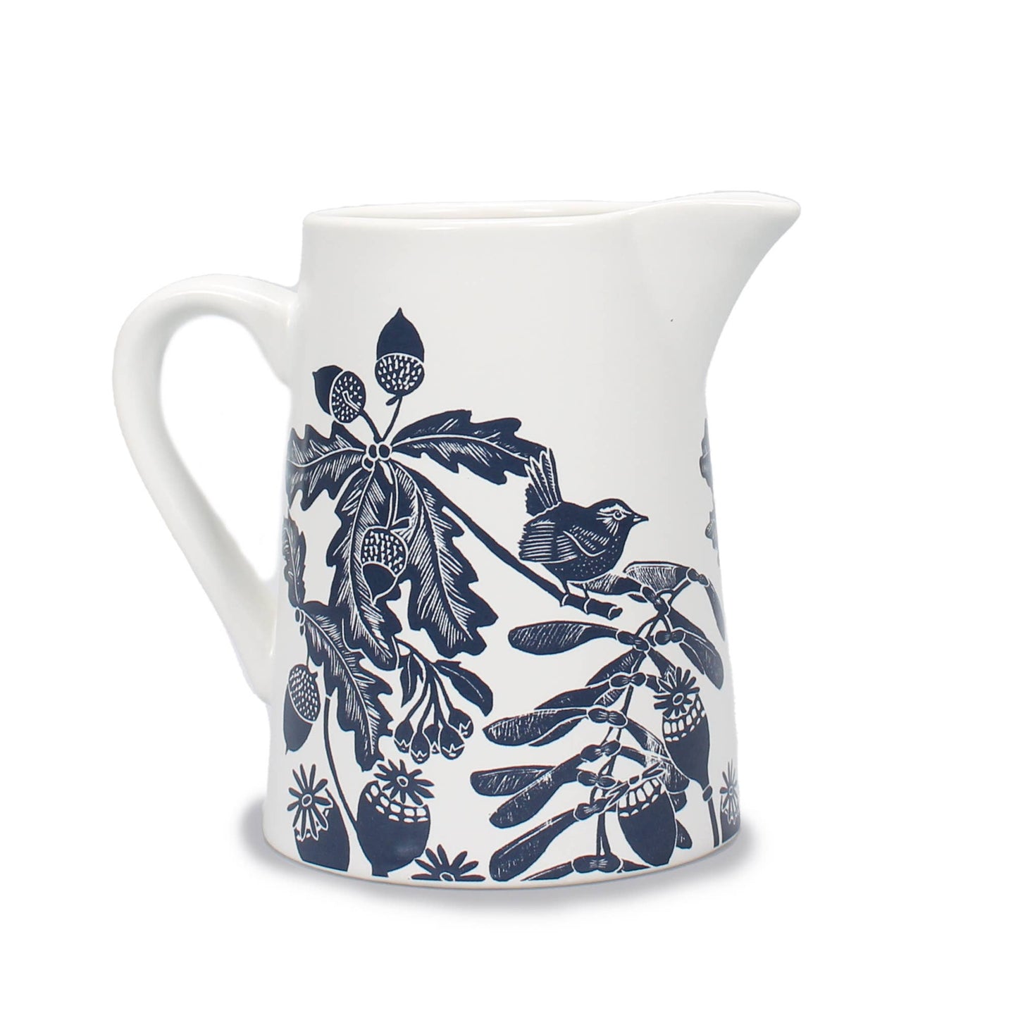 Brocca in ceramica blu bosco con ghiande e cardi