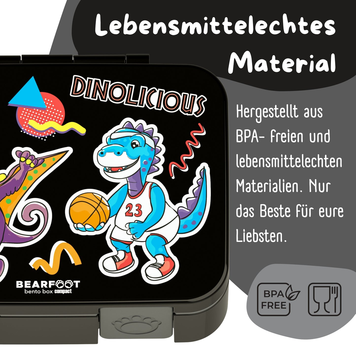 Brotdose mit Fächern, leicht & auslaufsicher - Dinos schwarz