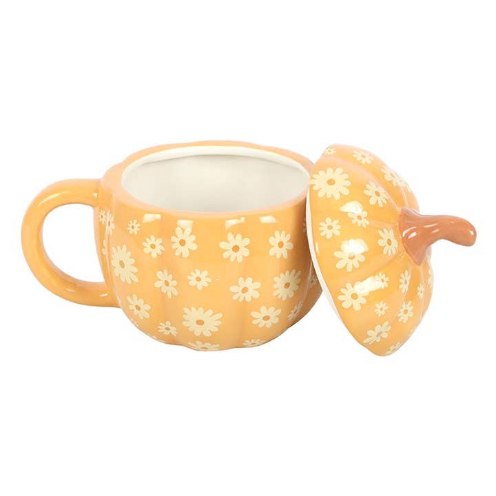 Taza con tapa y estampado floral de calabaza