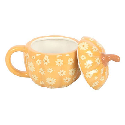 Taza con tapa y estampado floral de calabaza