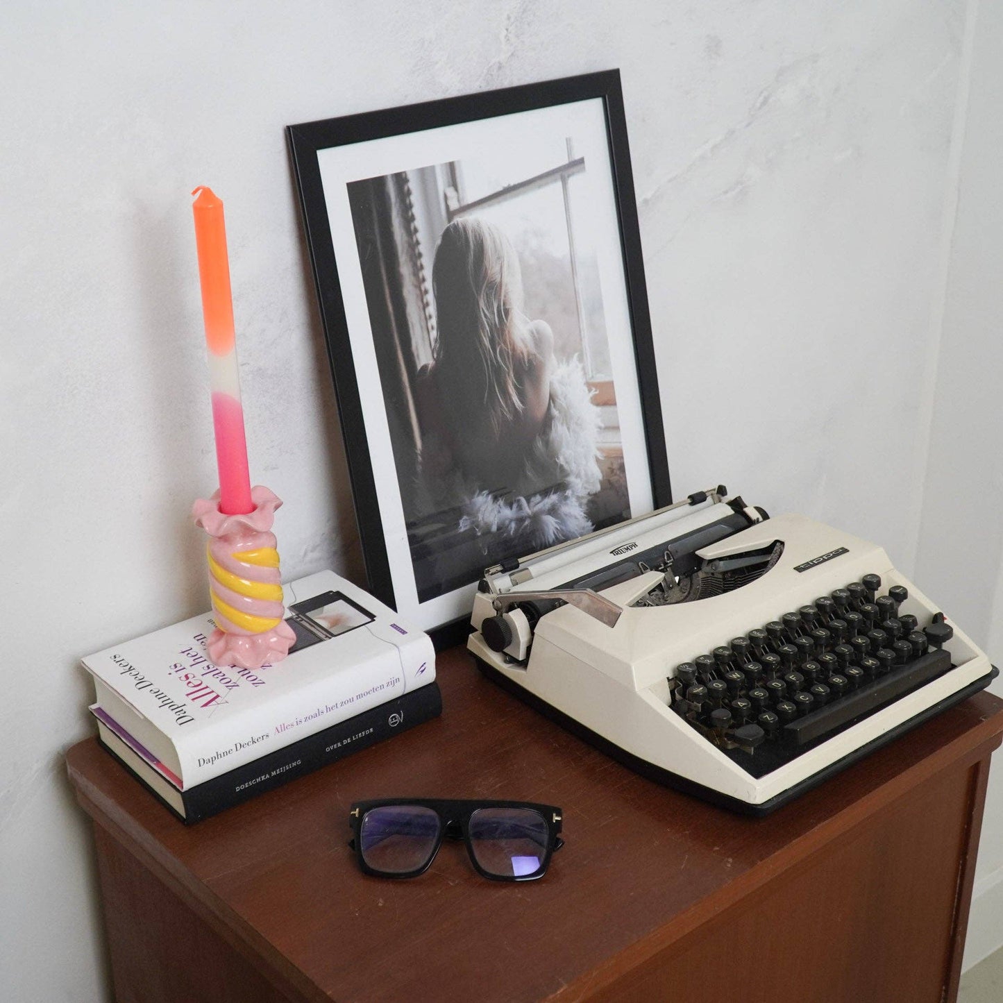 Bougeoir - Bonbon Toffee - Céramique - Rose/Jaune - 7,5x7,5x13 cm