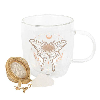 Double-walled glass mug with crystal tea infuser and moon butterfly design