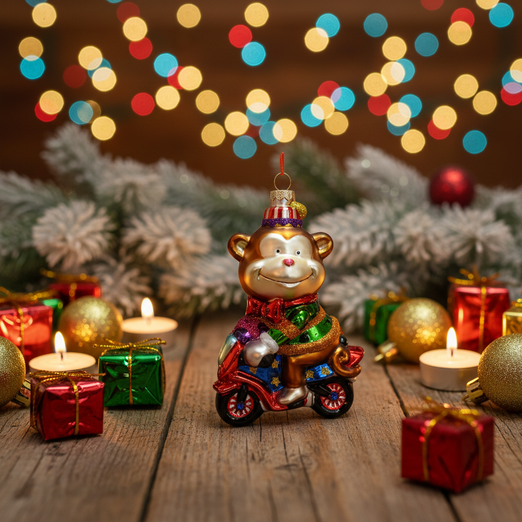 Adorno navideño de mono de circo en motocicleta