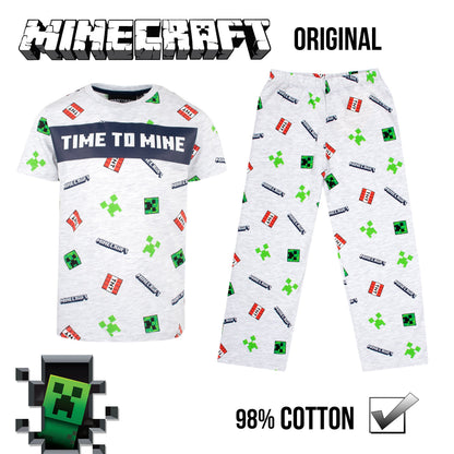 Minecraft Pyjama Short Sleeve – 'Time to Mine' gris