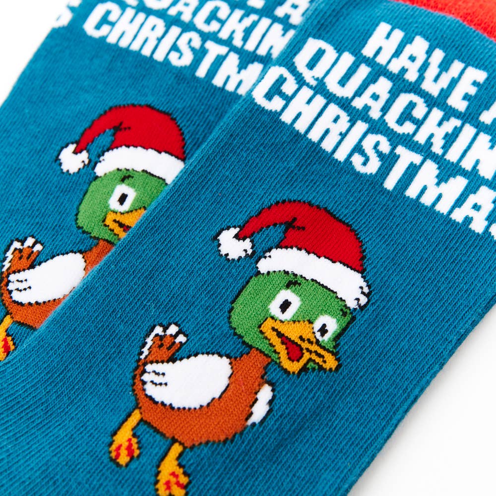 「楽しいクリスマスを！」アヒル柄ソックス
