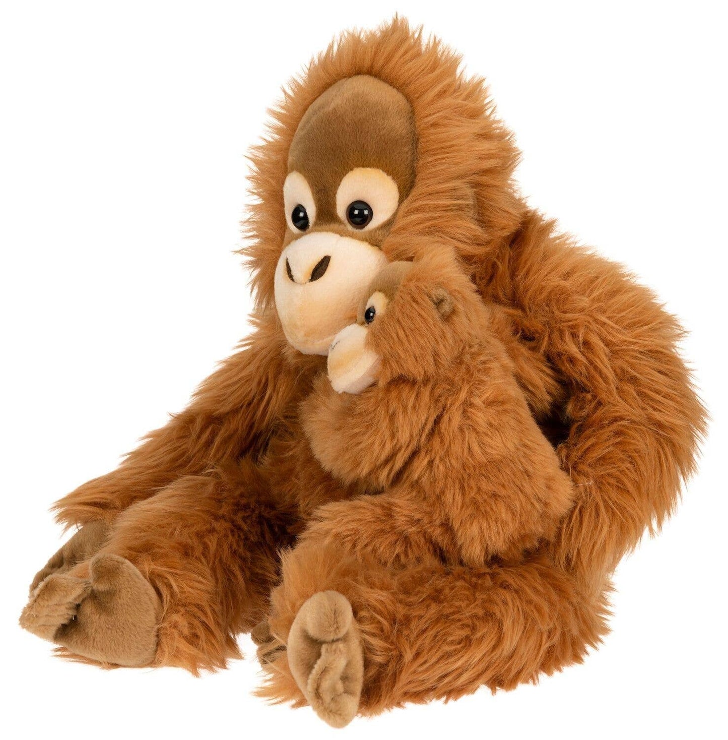 Orangután de peluche con cría, sentado