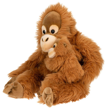 Orangután de peluche con cría, sentado