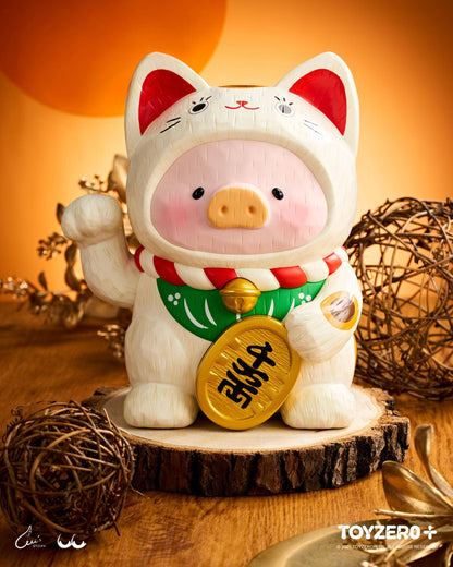 LuLu le Cochonnet - Maneki Lu (chat calico) — sculpture en bois 18cm