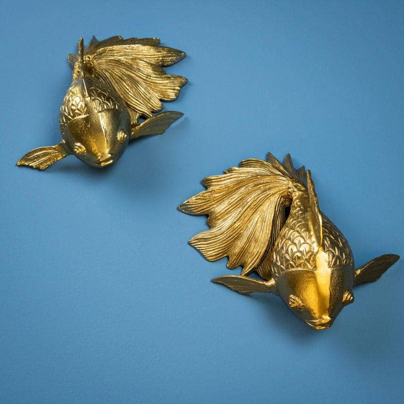 Decoração de parede em forma de peixinho dourado, alumínio dourado, 27 x 17 x 12 cm