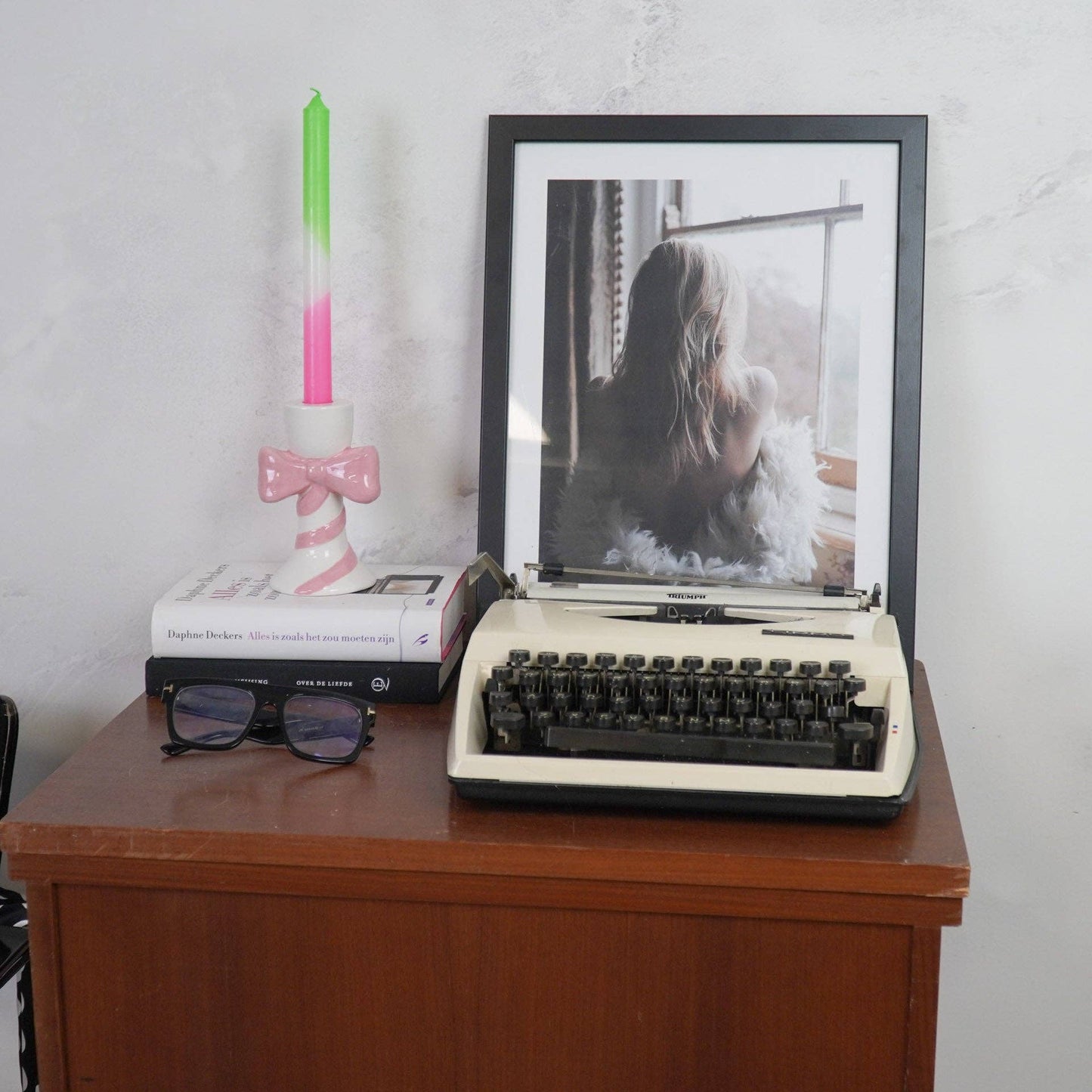 Bougeoir - Rayures avec Nœud - Blanc/Rose - 9x8x14cm