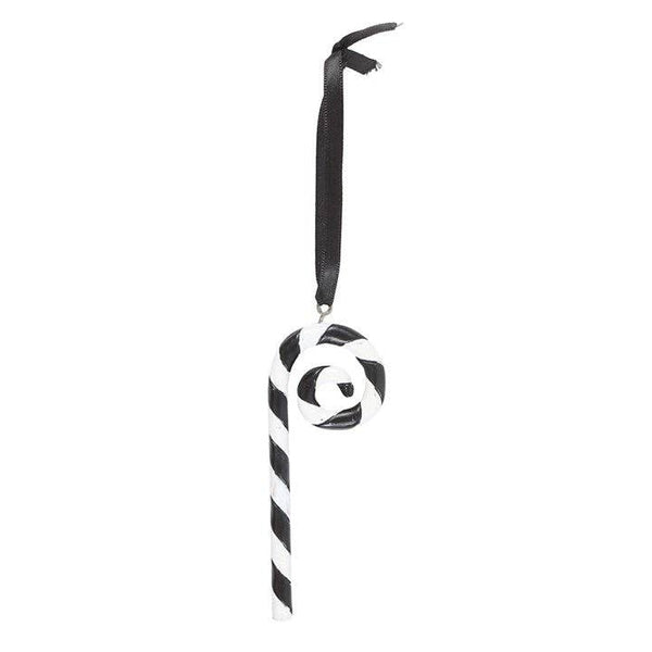 Adorno navideño gótico con forma de bastón de caramelo blanco y negro
