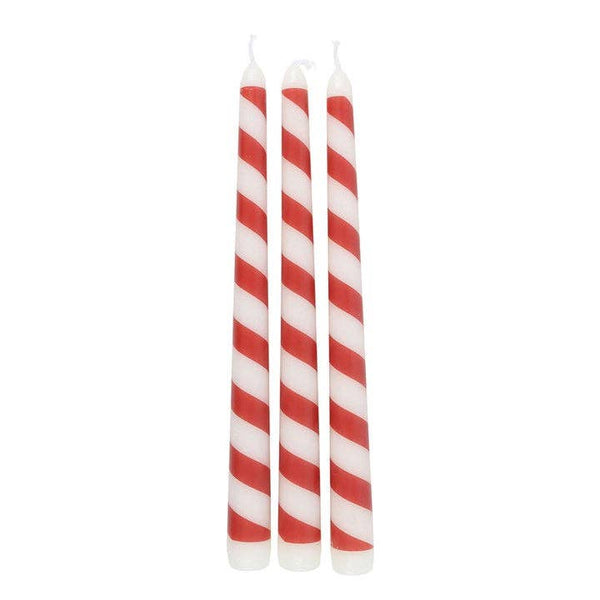Conjunto de 3 velas cónicas de Natal às riscas em formato de bengala doce.