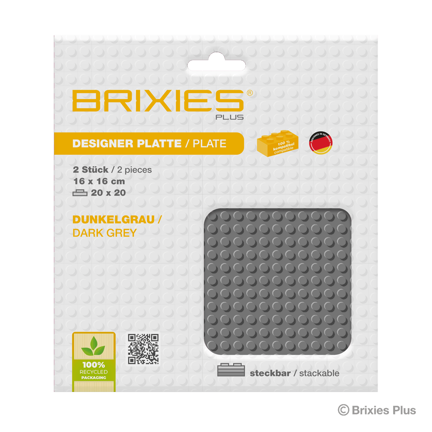BRIXIES Plus Basis Platte Dunkelgrau 20 x 20 Noppen Doppelpack