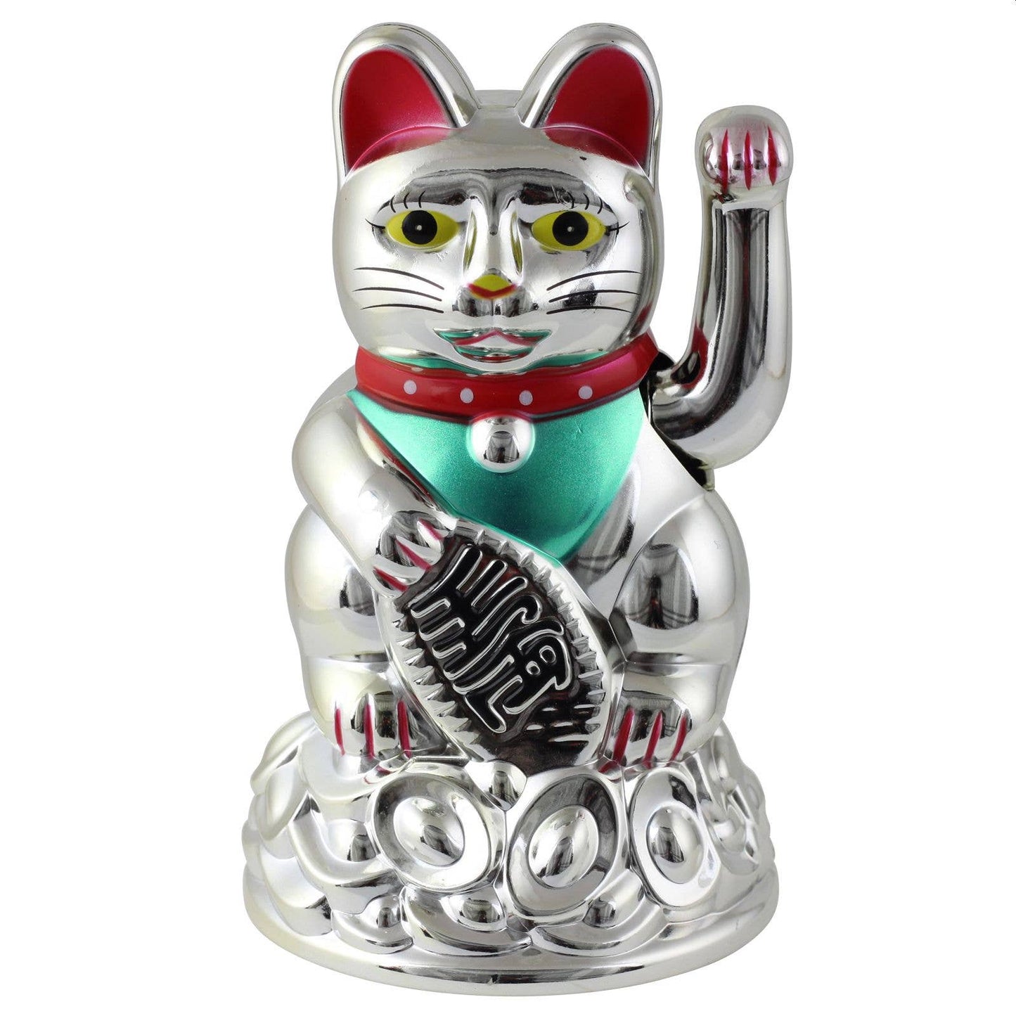 Chat chanceux solaire argenté 11cm