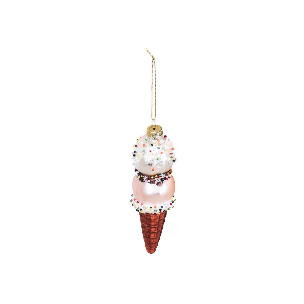 Cono de helado de fresa y vainilla con forma de bola de Navidad