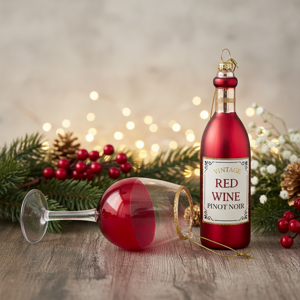Enfeite de Natal, garrafa de vinho tinto e copo