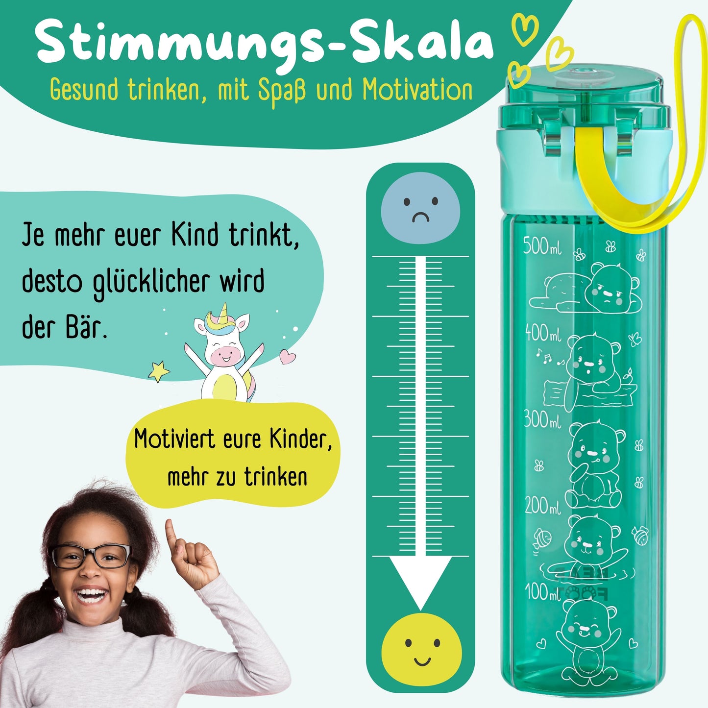 Kids' water bottle, 500ml, lightweight - Logo-mint