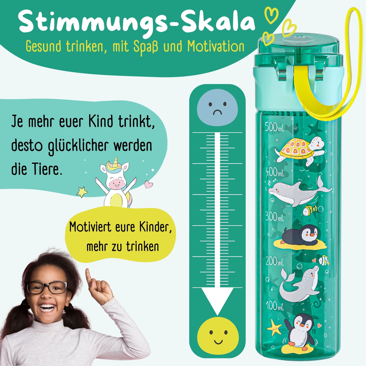 Children's water bottle, 500ml, lightweight - Ocean mint
