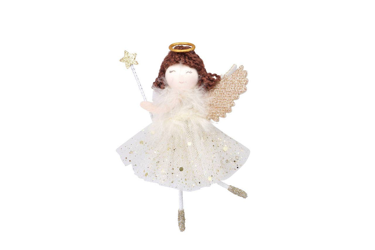 Decoração para pendurar: Anjo dourado com cabelo escuro