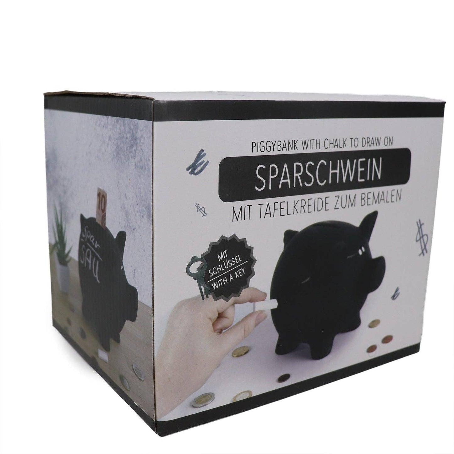 Spaarpot in de vorm van een schoolbord met krijt om op te schrijven