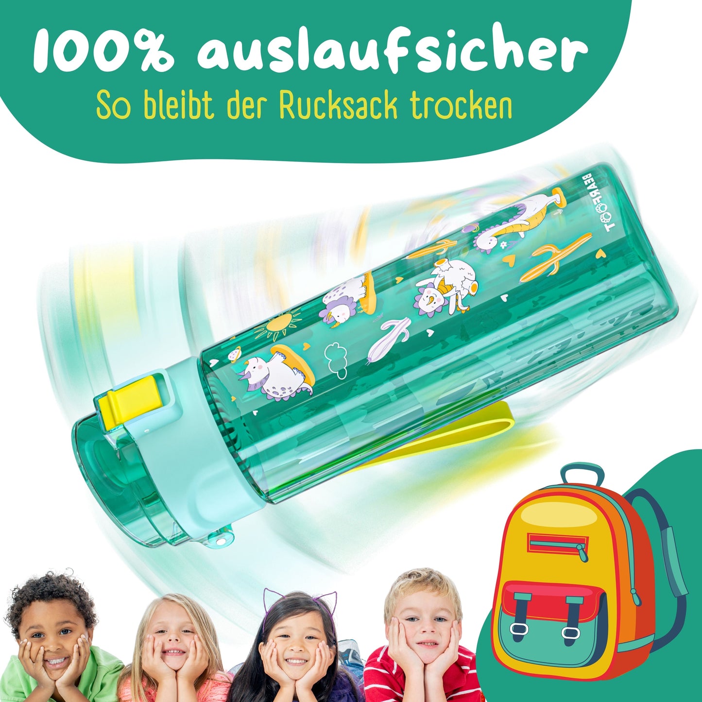 Children's Water Bottle, 500ml, Lightweight - Dinos-mint