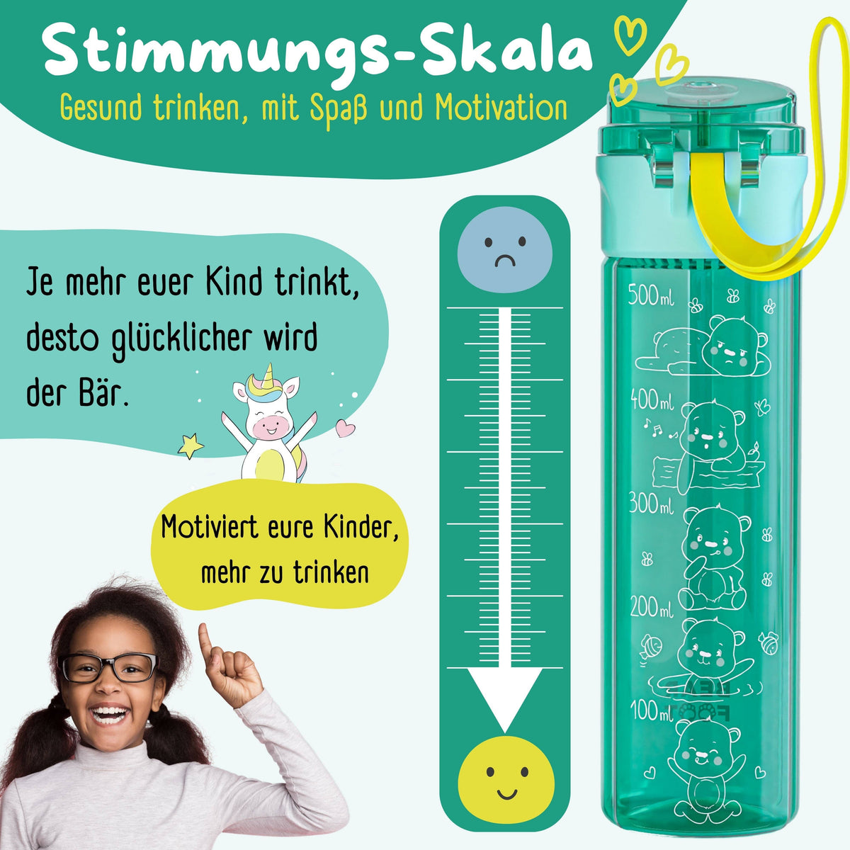 Trinkflasche Kinder, 500ml, leicht - Logo-mint