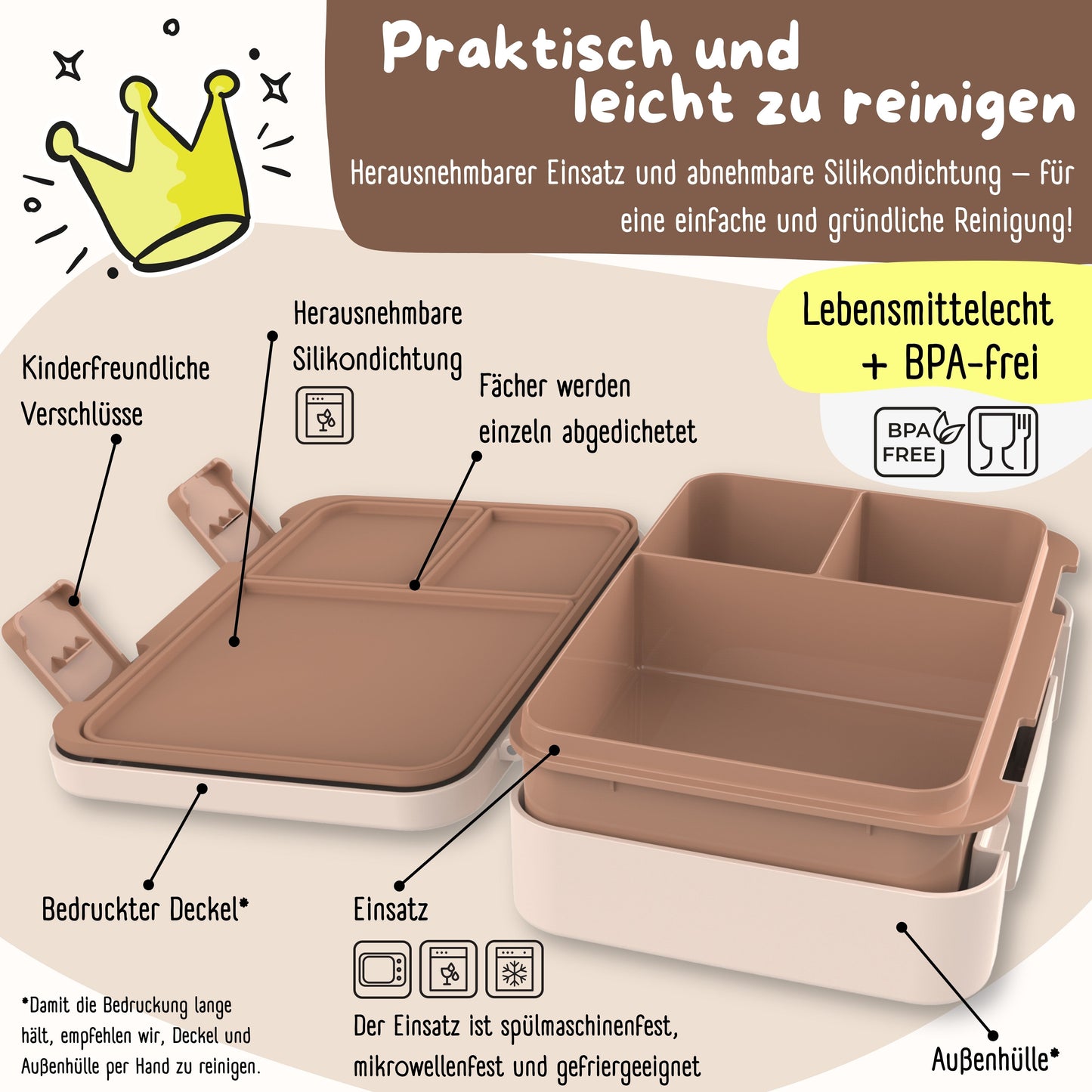Brotdose mit Fächern, leicht & auslaufsicher - Dino braun