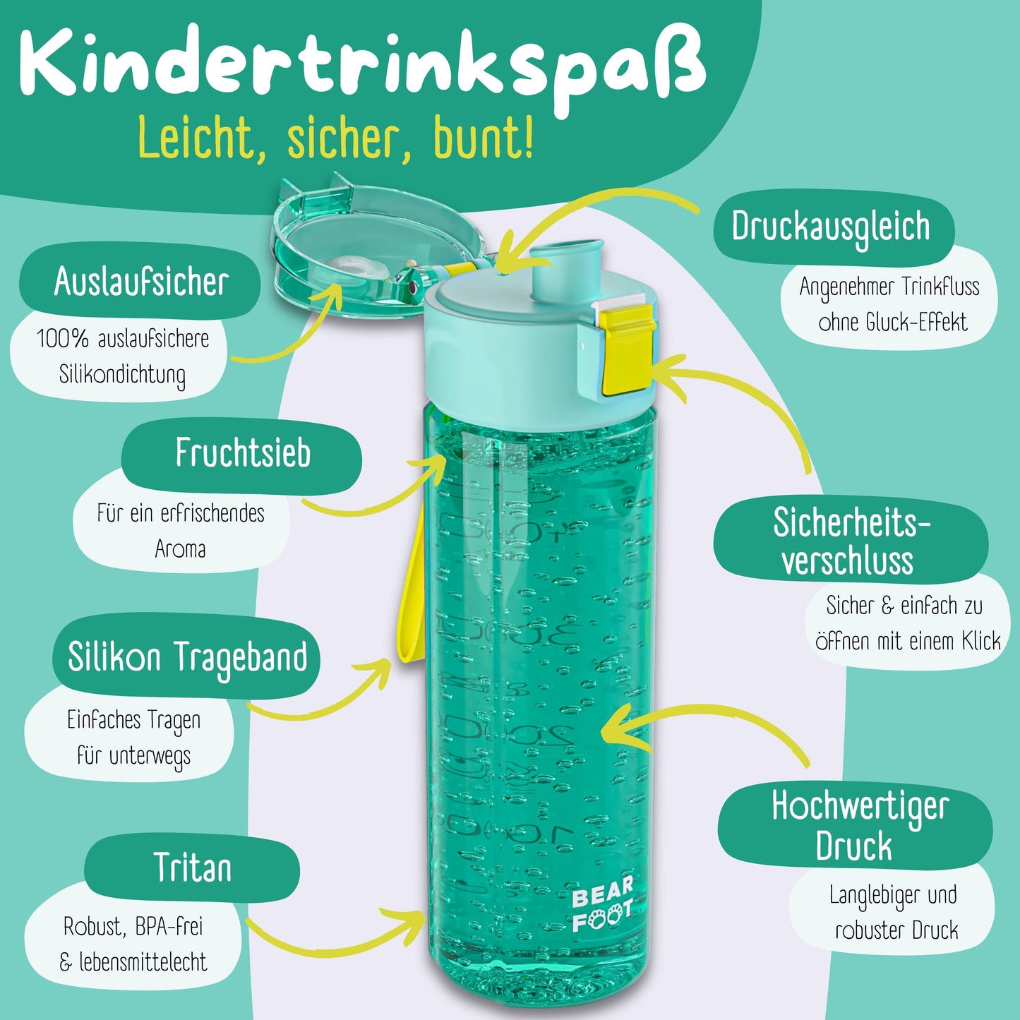 Kids' water bottle, 500ml, lightweight - Logo-mint