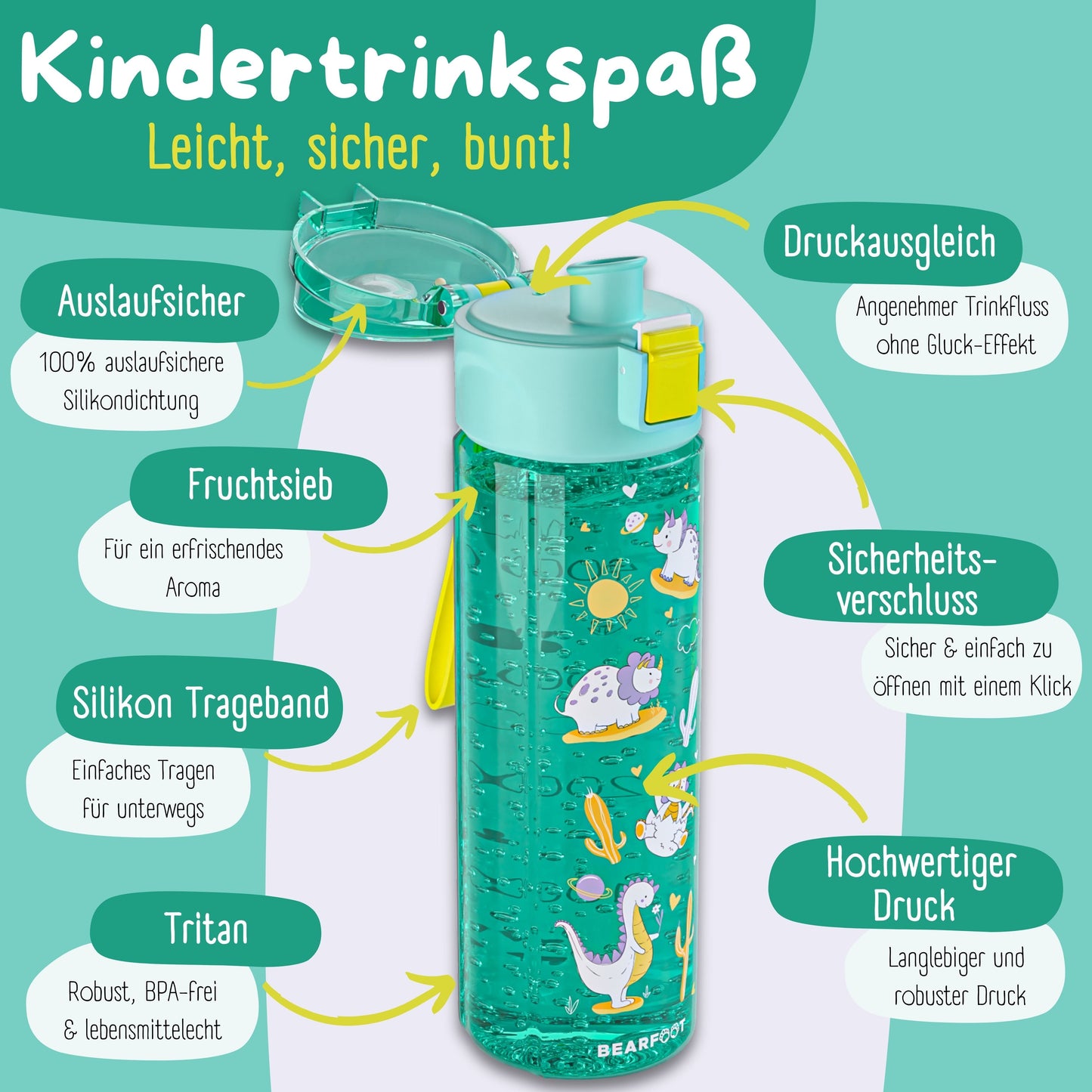Children's Water Bottle, 500ml, Lightweight - Dinos-mint
