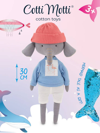 Alice the Elephant plush toy with blue t-shirt outfit and mermaid tail - 29 cm