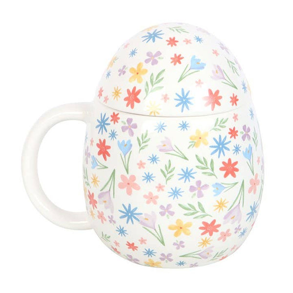 Taza con forma de huevo de Pascua y estampado floral primaveral