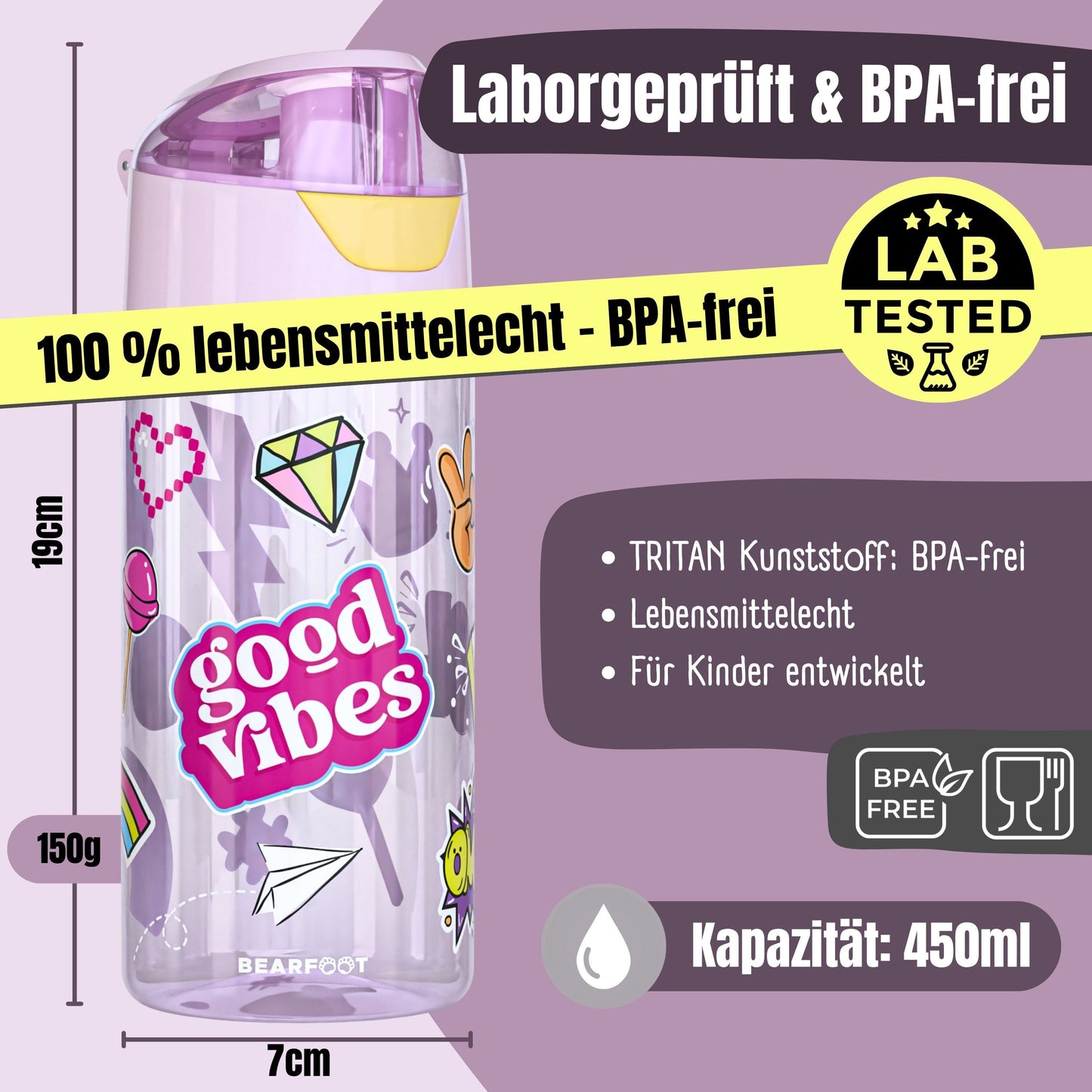 Kids' water bottle, lightweight water bottle - purple stickers