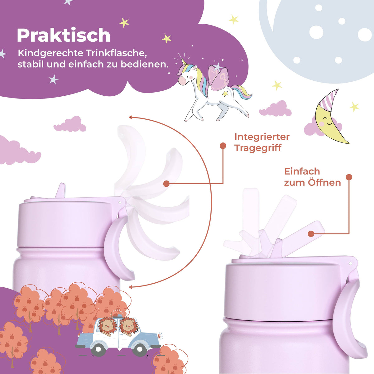 Thermo Kinder Trinkflasche Edelstahl - Lama lila