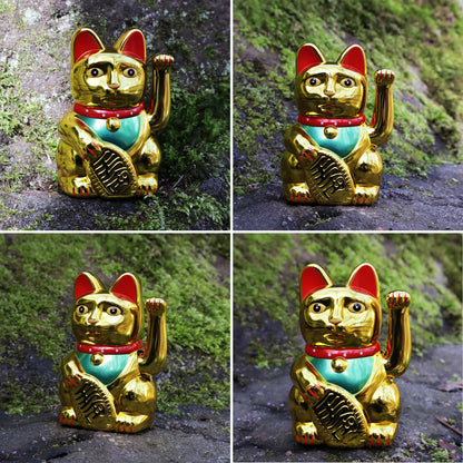 Chat chanceux solaire doré 10,5 cm