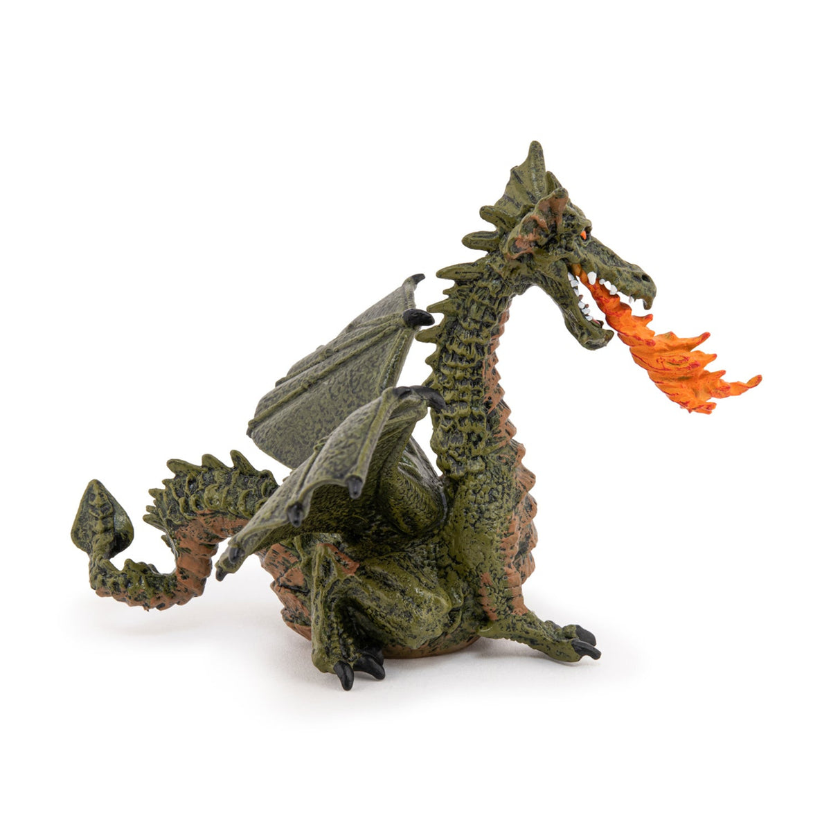 翼のある緑色のドラゴンフィギュア、炎付き