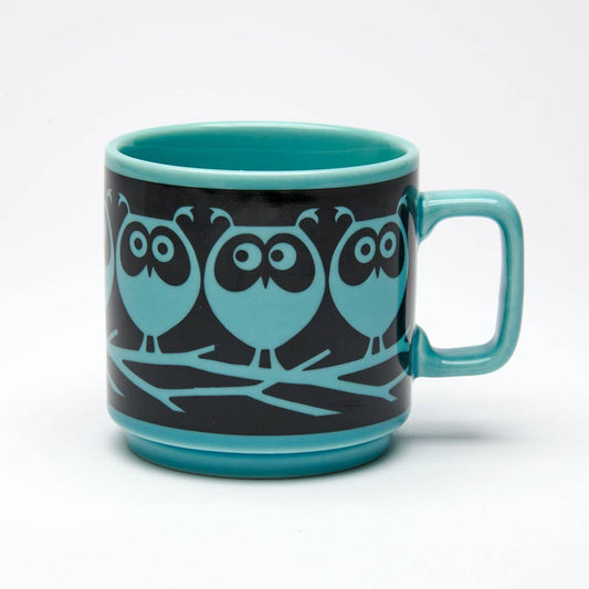 Mug Magpie x Hornsea avec motif hiboux sur branche, bleu sarcelle