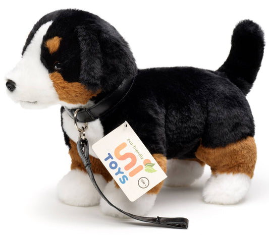 Bernese Mountain Dog plush toy, with leash