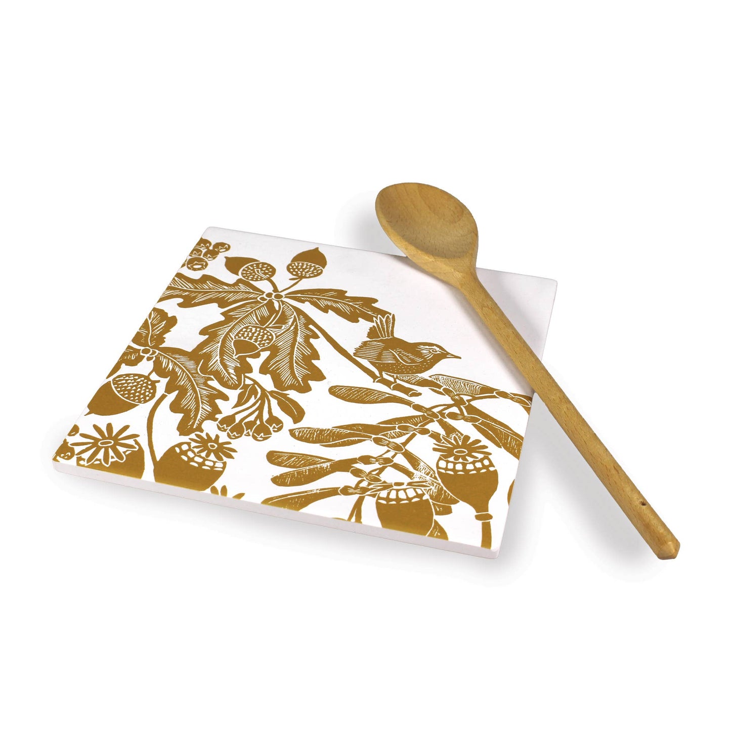 Woodland Thistle Ceramic Trivet, Bird Pattern, Ochre Yellow