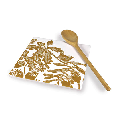 Woodland Thistle Ceramic Trivet, Bird Pattern, Ochre Yellow
