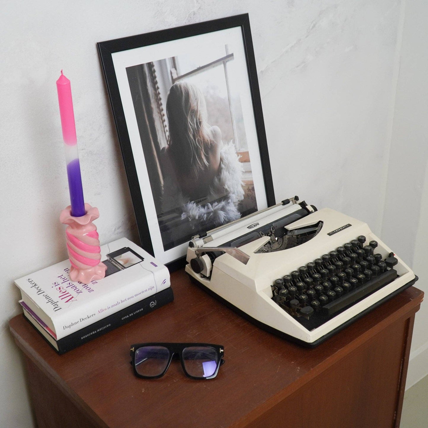 Bougeoir - Bonbon Toffee - Céramique - Rose/ Néon - 7,5x7,5x13 cm