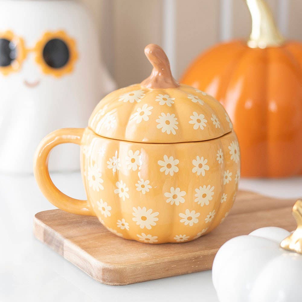Taza con tapa y estampado floral de calabaza